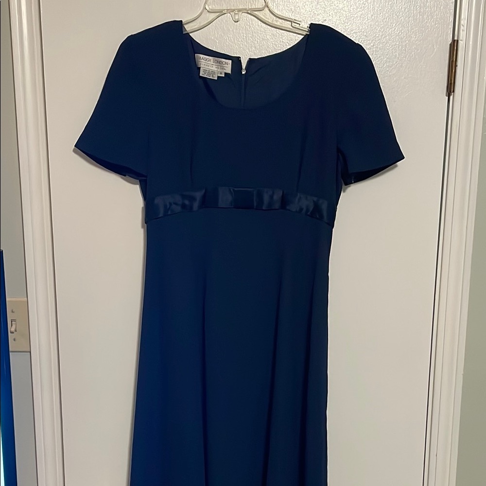 Maggy London Blue A-Line Maxi Dress with Crew Neck